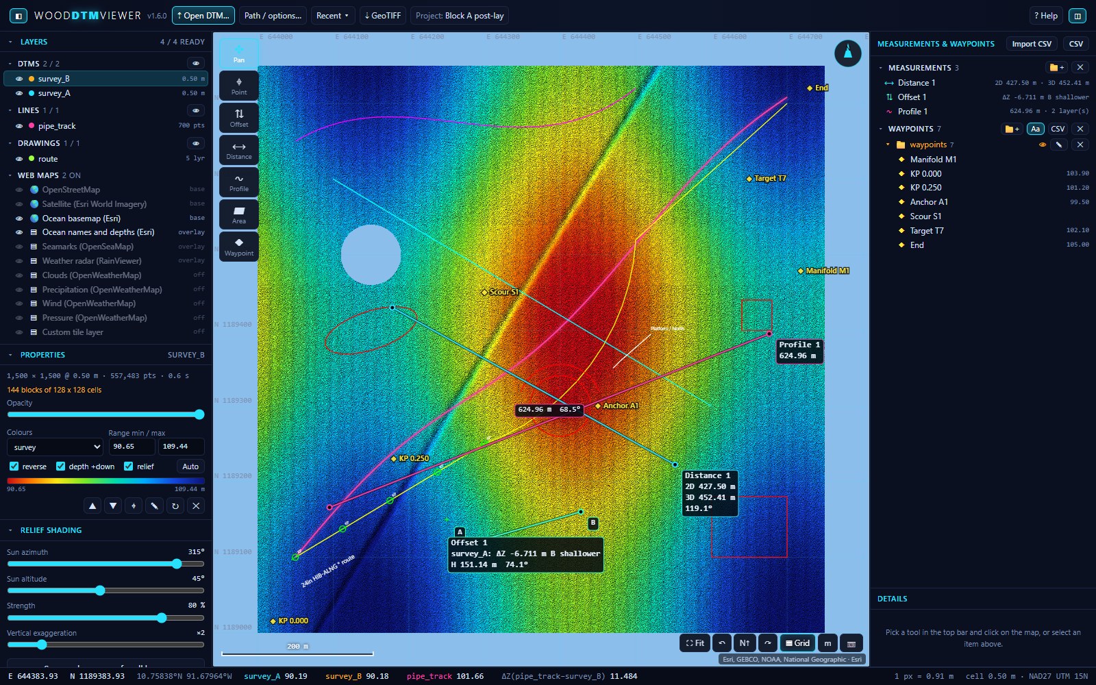 WoodDTMViewer with two surveys, a pipe route, a drawing, waypoints and measurements over an ocean basemap