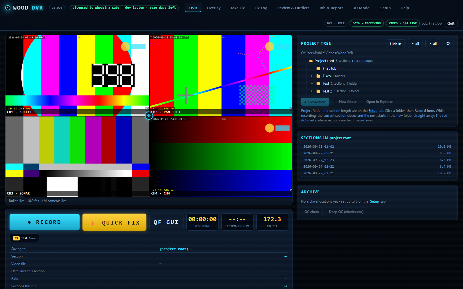 WoodDVR DVR tab with four live cameras, the Quick Fix pad and the recording controls