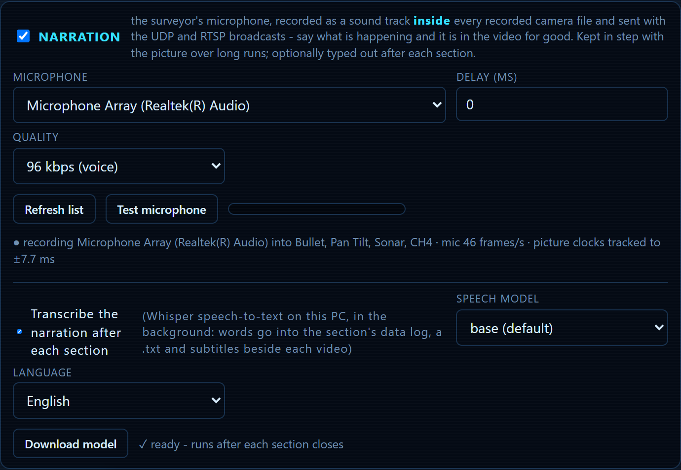 The Narration card in WoodDVR Setup: microphone, test, delay, transcription model and language
