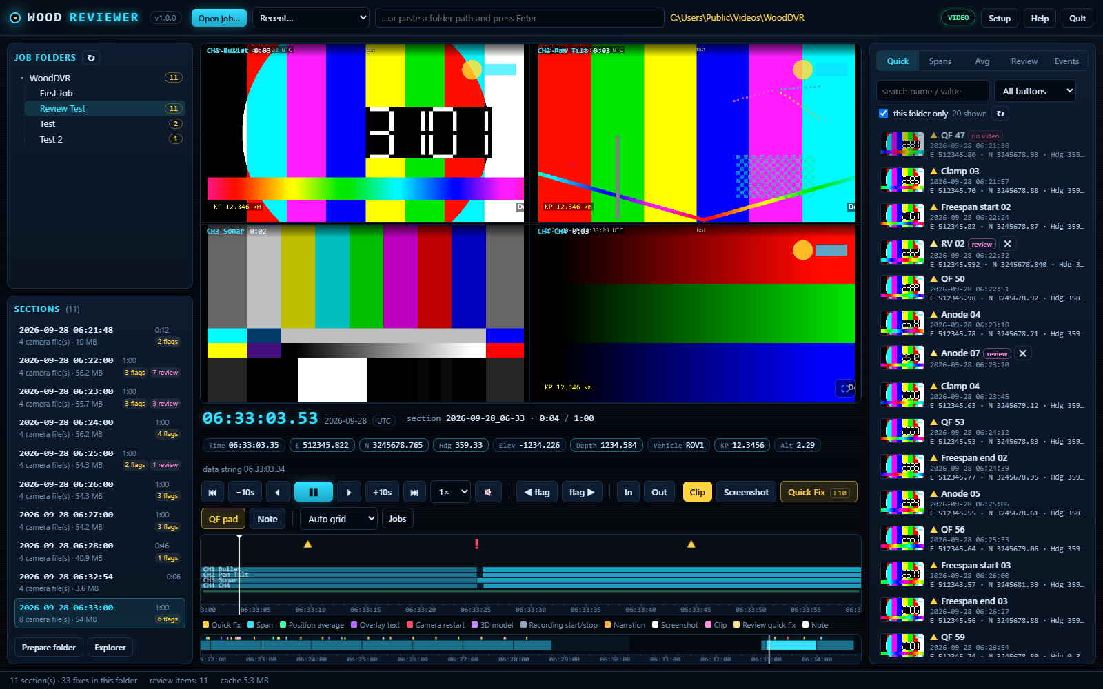 WoodDVR Reviewer: four cameras in sync, the flagged timeline and the fix list